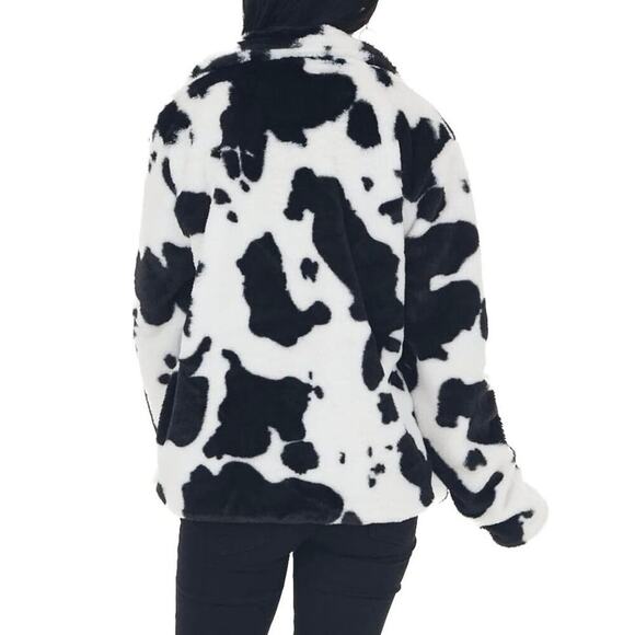 Bibi Boutique Cow Print Faux Fur Jacket Western Cozy Plush Layering Statement - Picture 4 of 11